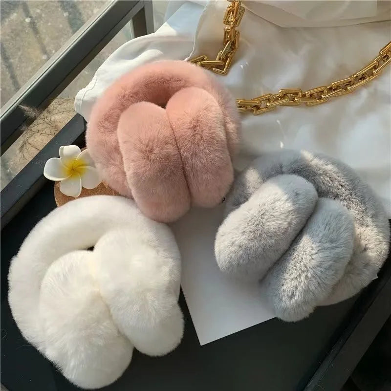 Real Rex Rabbit Fur Earmuffs for Women - Winter Ear Warmers, Elastic Fit, 12 Colors