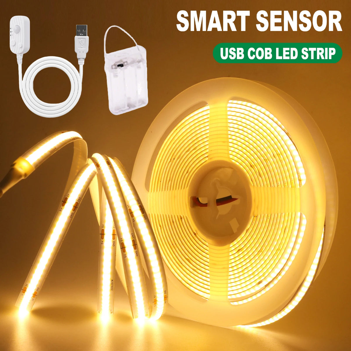 COB LED Strip Light with Motion Sensor - 5V, 320 LEDs/m, 3 Widths, 6 Lengths