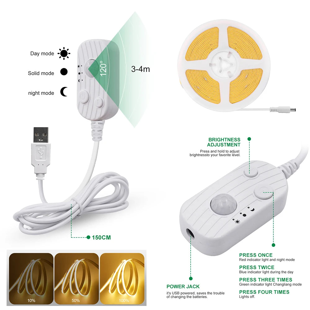 COB LED Strip Light with Motion Sensor - 5V, 320 LEDs/m, 3 Widths, 6 Lengths