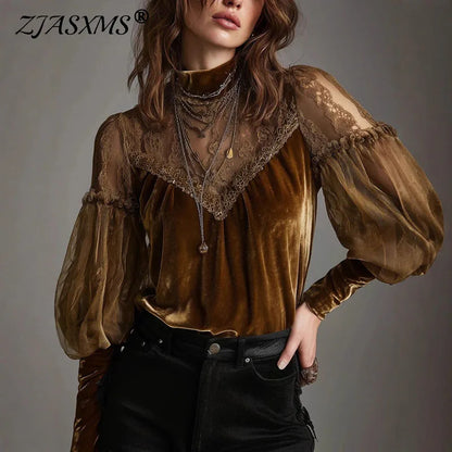 Women's Half-High Collar Mesh Lace Blouse