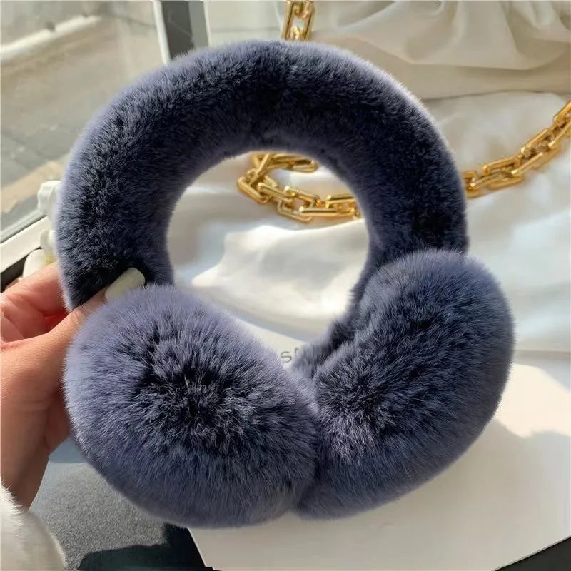 Real Rex Rabbit Fur Earmuffs for Women - Winter Ear Warmers, Elastic Fit, 12 Colors