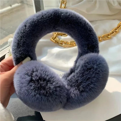 Real Rex Rabbit Fur Earmuffs for Women - Winter Ear Warmers, Elastic Fit, 12 Colors