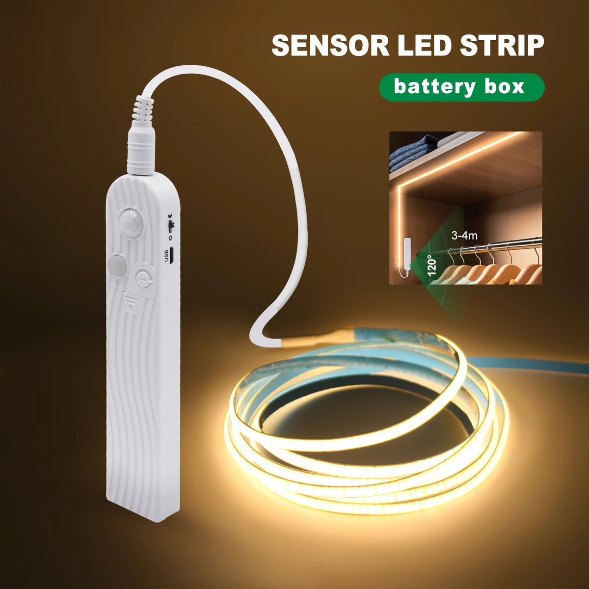 COB LED Strip Light with Motion Sensor - 5V, 320 LEDs/m, 3 Widths, 6 Lengths