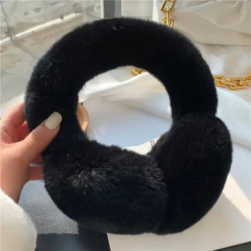 Real Rex Rabbit Fur Earmuffs for Women - Winter Ear Warmers, Elastic Fit, 12 Colors