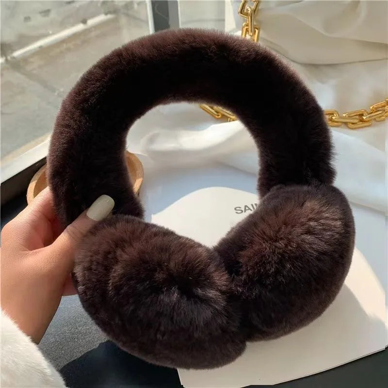 Real Rex Rabbit Fur Earmuffs for Women - Winter Ear Warmers, Elastic Fit, 12 Colors
