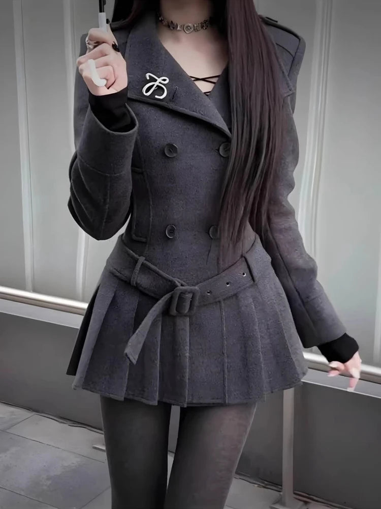 2026 Women's France Fashion Vintage Grey Slim Woolen Dress Hot Girl Hepburn Design Elegant Spring Warm Bouffant Dresses Female